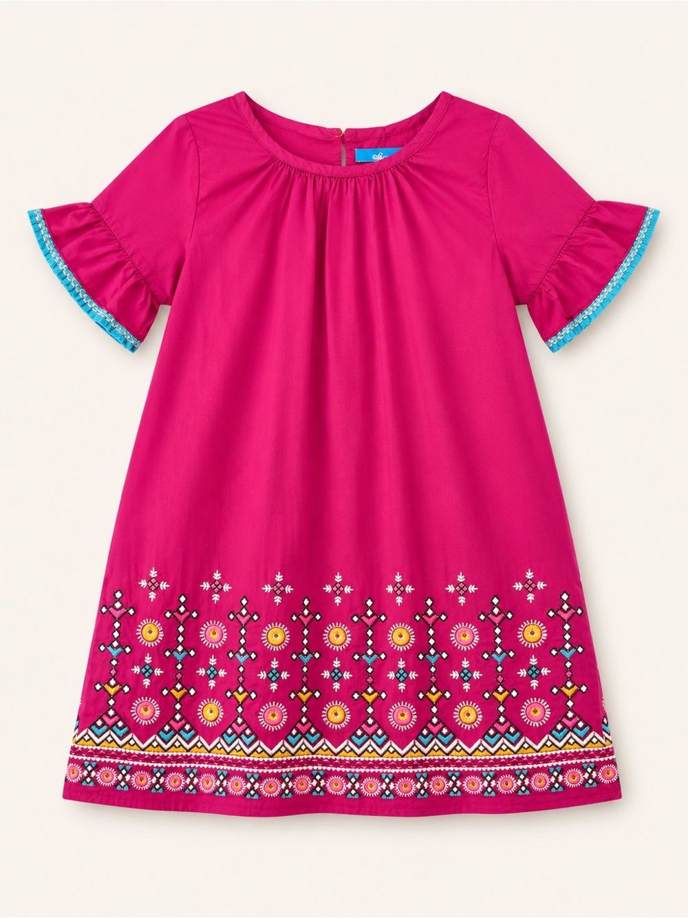 Girls' Bright Pink Embroidered Hem Casual Dress